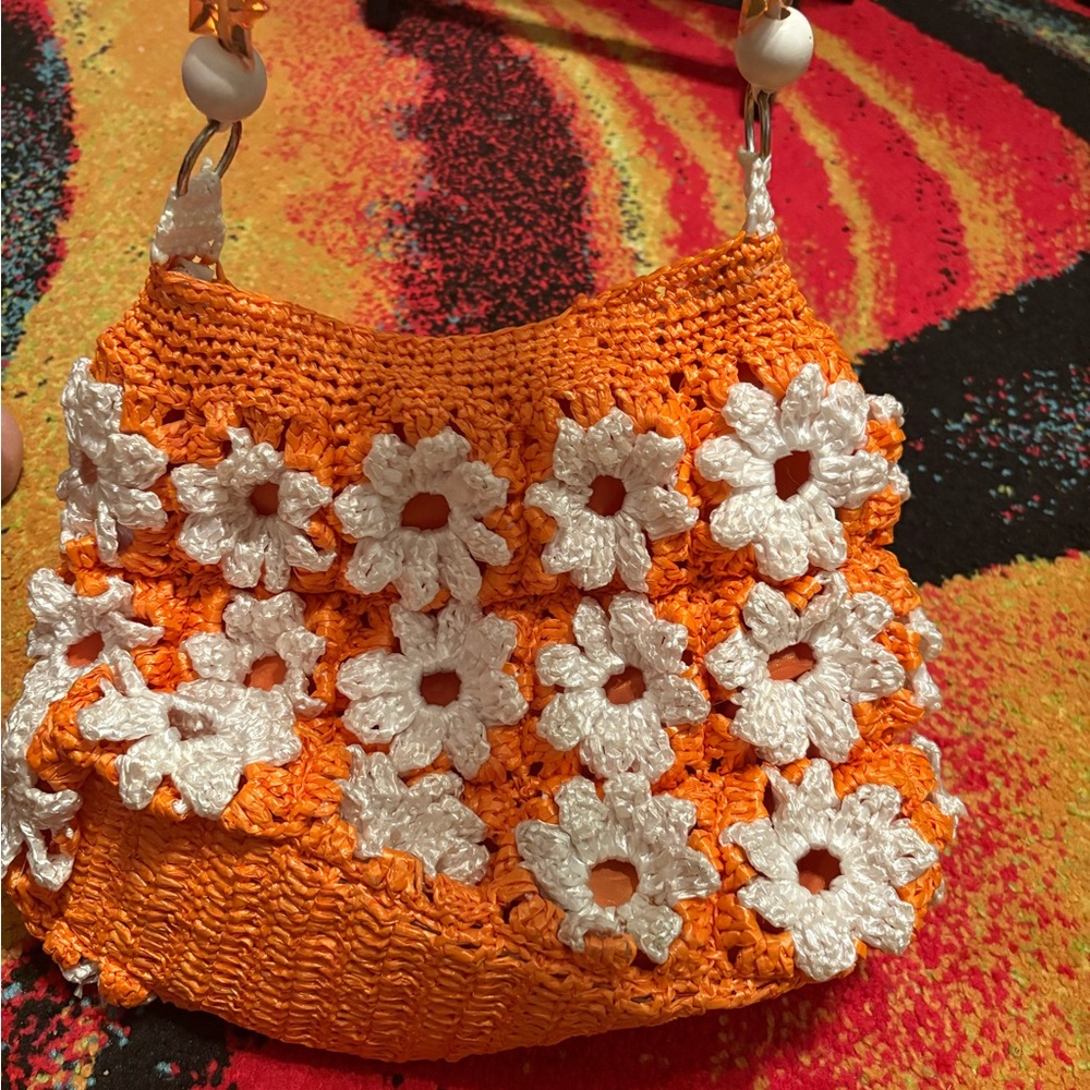 Orange and White Crochet Flower Bag